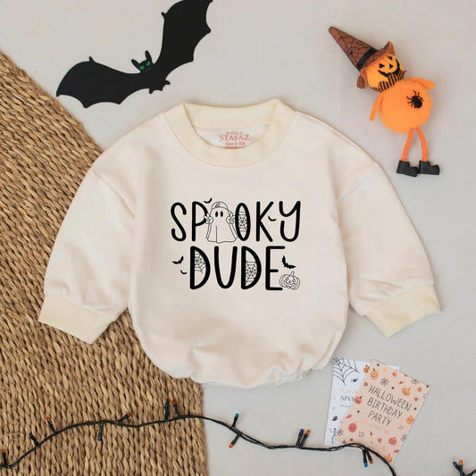 Spooky Dude Halloween Romper - Funny Ghost & Jack-o'-Lantern Fall Baby Bodysuit - Personalized Name Outfit - Cute Halloween Costume for Boys 138