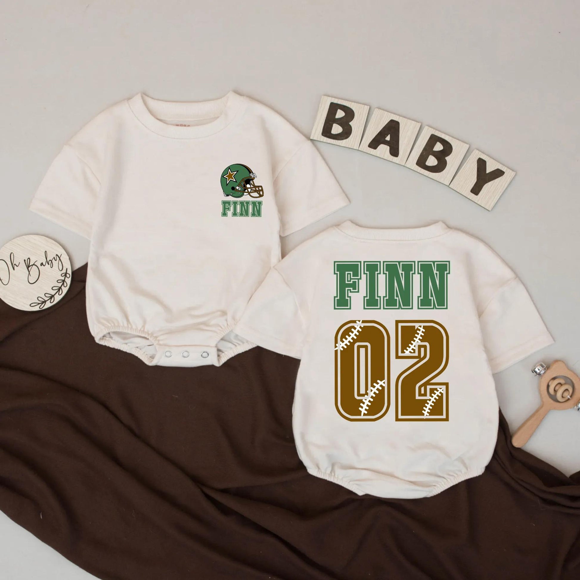 Baby's First Year Down Football Romper Game Day Outfit First Birthday Boy Custom Gift