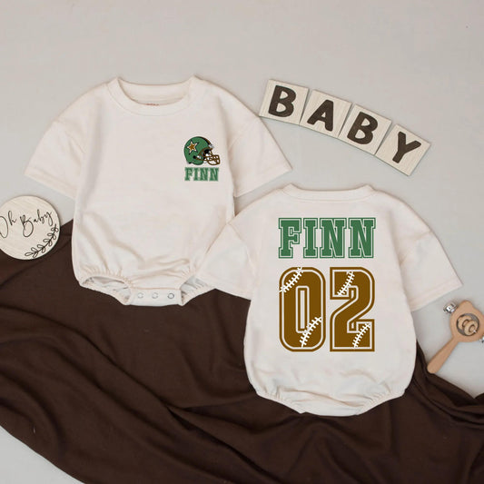Baby's First Year Down Football Romper Game Day Outfit First Birthday Boy Custom Gift