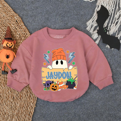 Custom Halloween Baby Boy Bubble Romper Spooky Ghost Pumpkin Fall Outfit Toddler Boo Costume Sweatshirt Personalized
