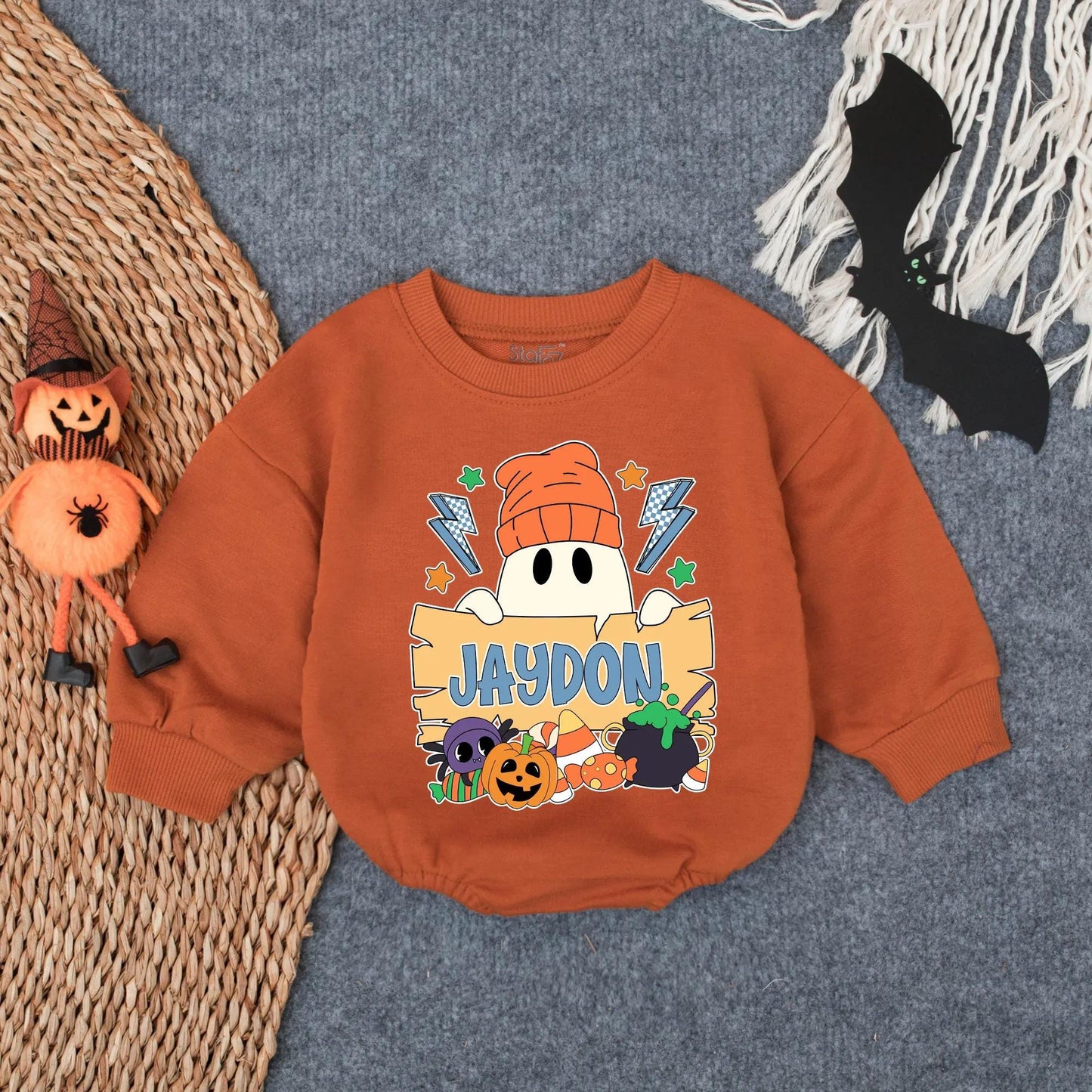 Custom Halloween Baby Boy Bubble Romper Spooky Ghost Pumpkin Fall Outfit Toddler Boo Costume Sweatshirt Personalized