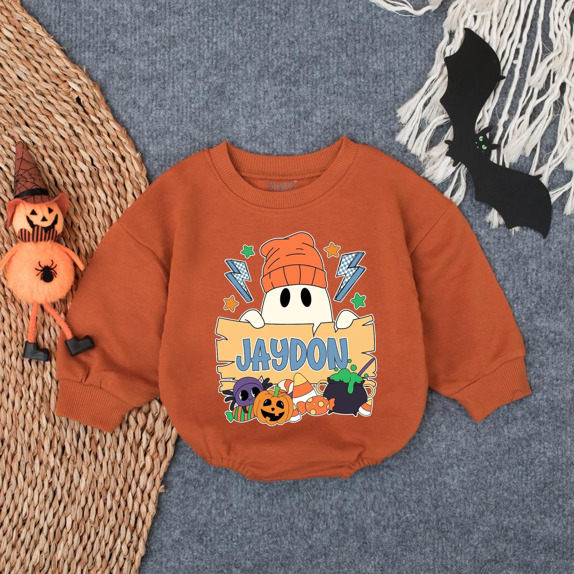 Custom Halloween Baby Boy Bubble Romper Spooky Ghost Pumpkin Fall Outfit Toddler Boo Costume Sweatshirt Personalized