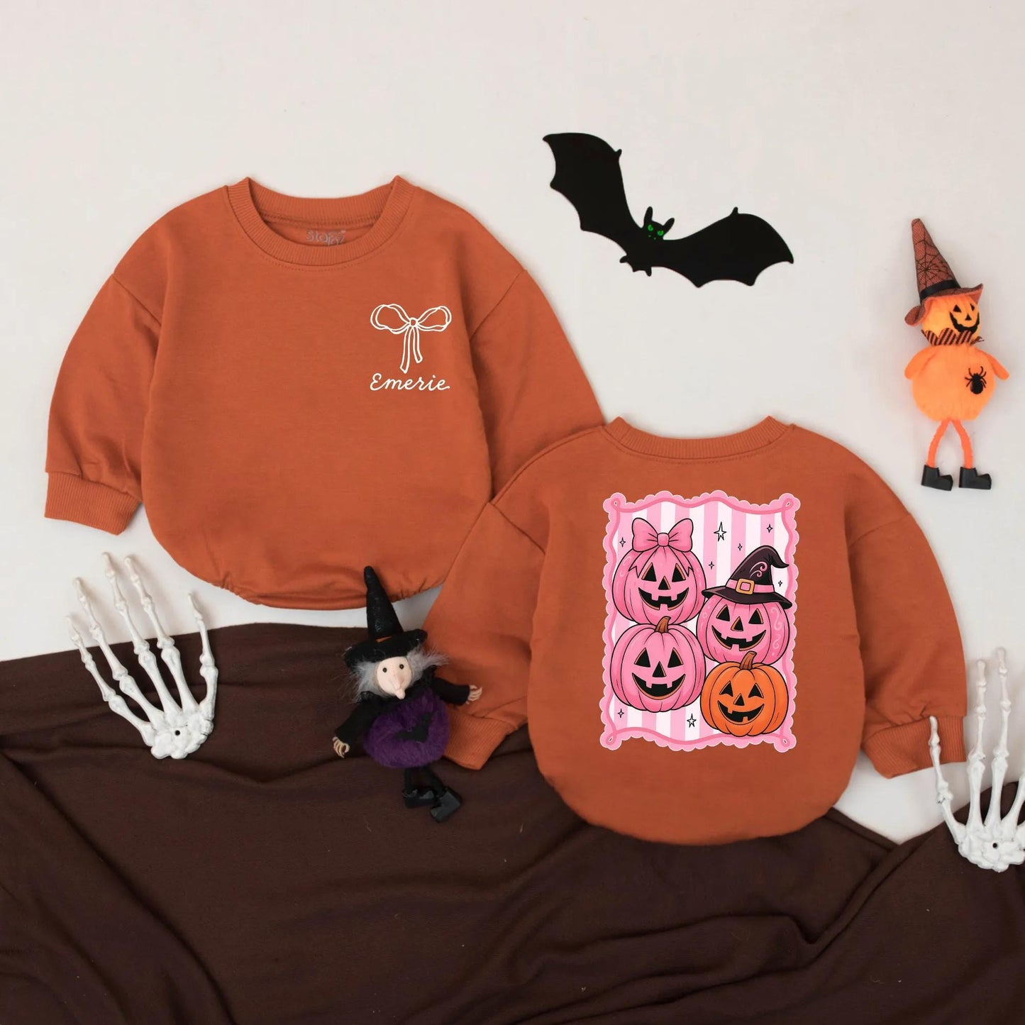 Custom Retro Halloween Baby Romper Pink Pumpkin Outfit Personalized Name Bodysuit Cute Fall Baby Gift Spooky Season First Halloween