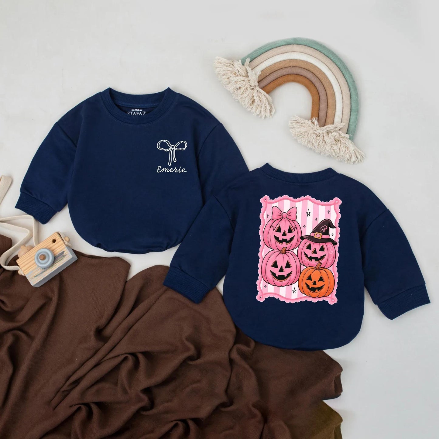 Custom Retro Halloween Baby Romper Pink Pumpkin Outfit Personalized Name Bodysuit Cute Fall Baby Gift Spooky Season First Halloween