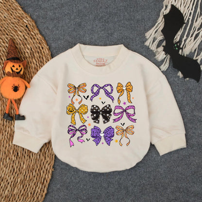 Cute Ghost Pumpkin Bubble Romper Preppy Halloween Bow Baby Outfit Adorable Infant Toddler Fall Bodysuit Cozy Spooky Season Wear