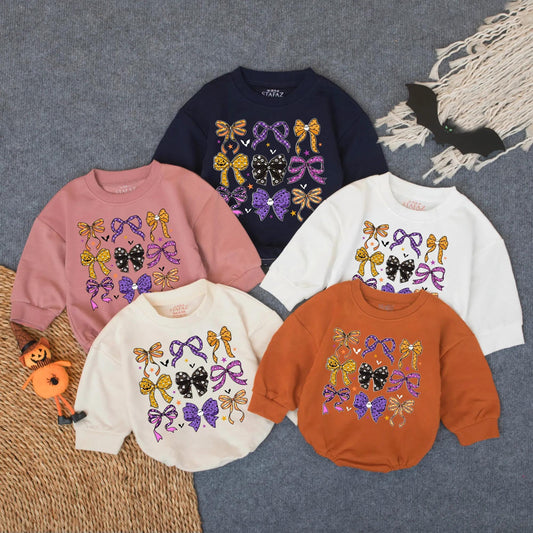 Cute Ghost Pumpkin Bubble Romper Preppy Halloween Bow Baby Outfit Adorable Infant Toddler Fall Bodysuit Cozy Spooky Season Wear