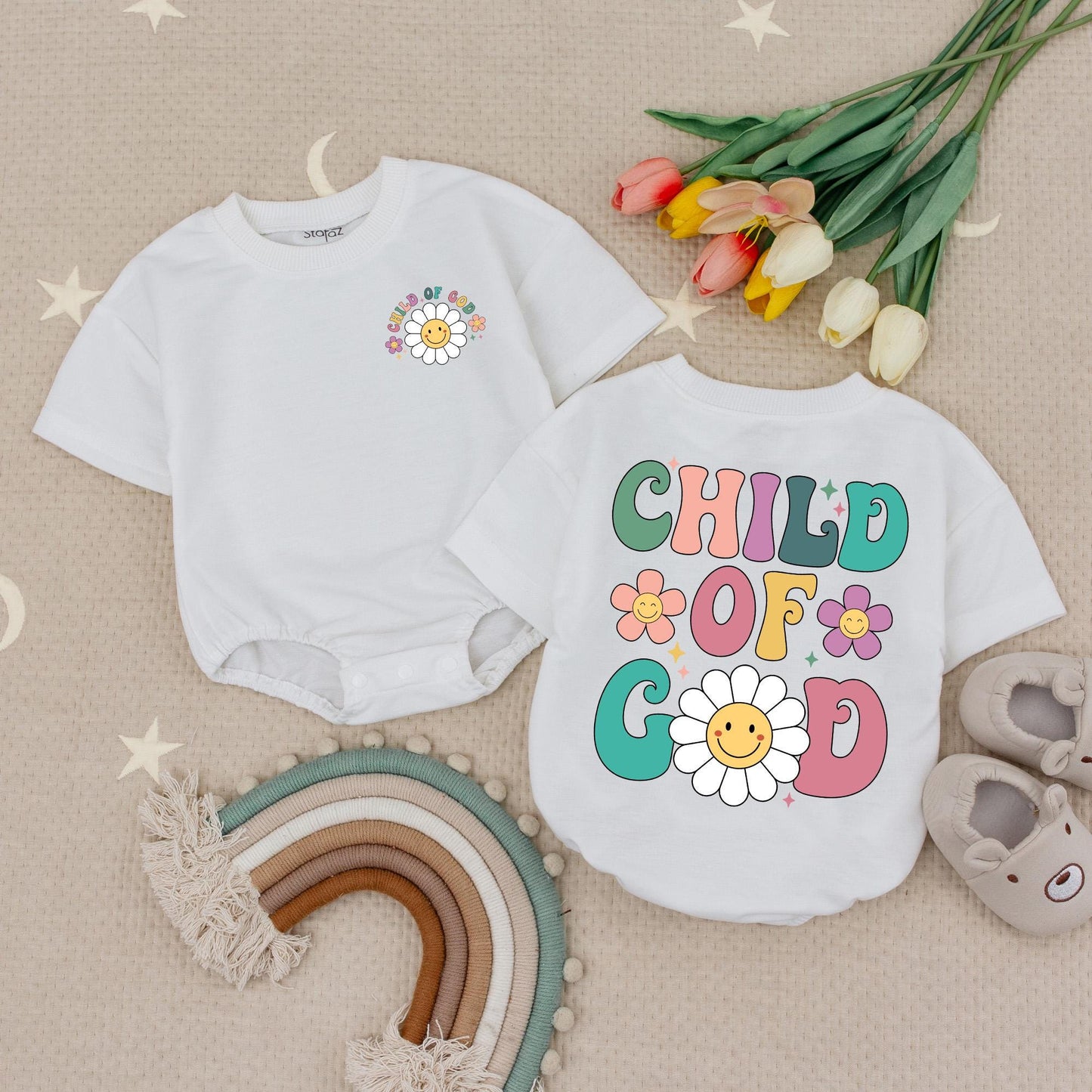 Child Of God Christian Baby Romper with Retro Pastel Floral Smiley Face Design, a Faith Biblical Religious Infant Creeper or Chosen Newborn Babysuit Gift.