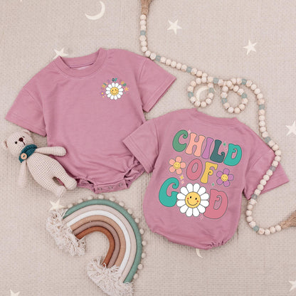Child Of God Christian Baby Romper with Retro Pastel Floral Smiley Face Design, a Faith Biblical Religious Infant Creeper or Chosen Newborn Babysuit Gift.