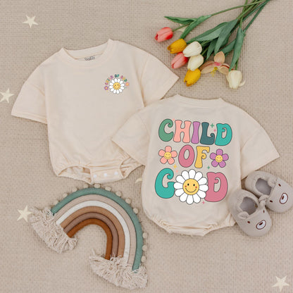 Child Of God Christian Baby Romper with Retro Pastel Floral Smiley Face Design, a Faith Biblical Religious Infant Creeper or Chosen Newborn Babysuit Gift.