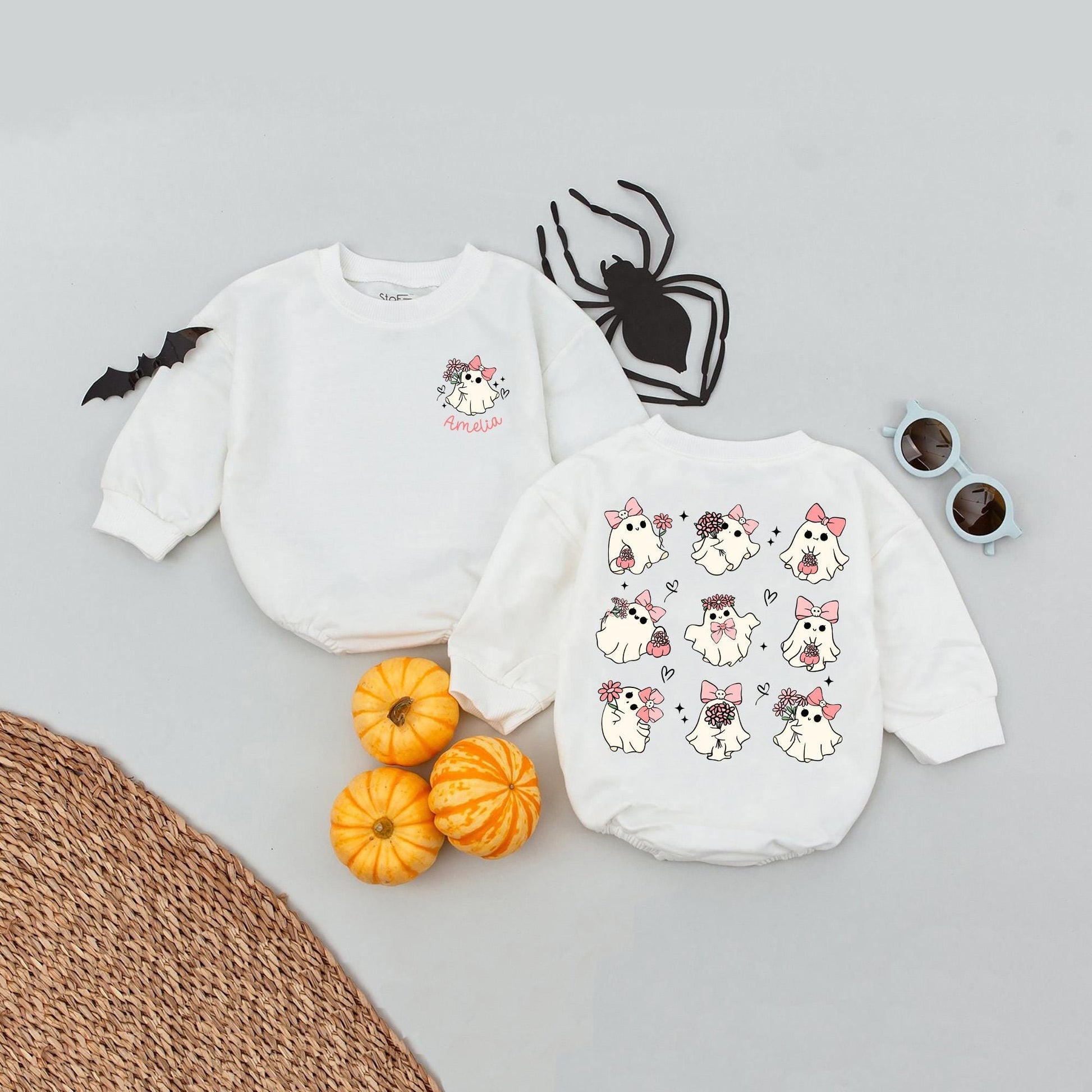 Custom Name Pink Ghost Baby Romper Adorable Halloween Baby Girl Outfit Cute Ghost Spooky Season Personalized Gift Idea