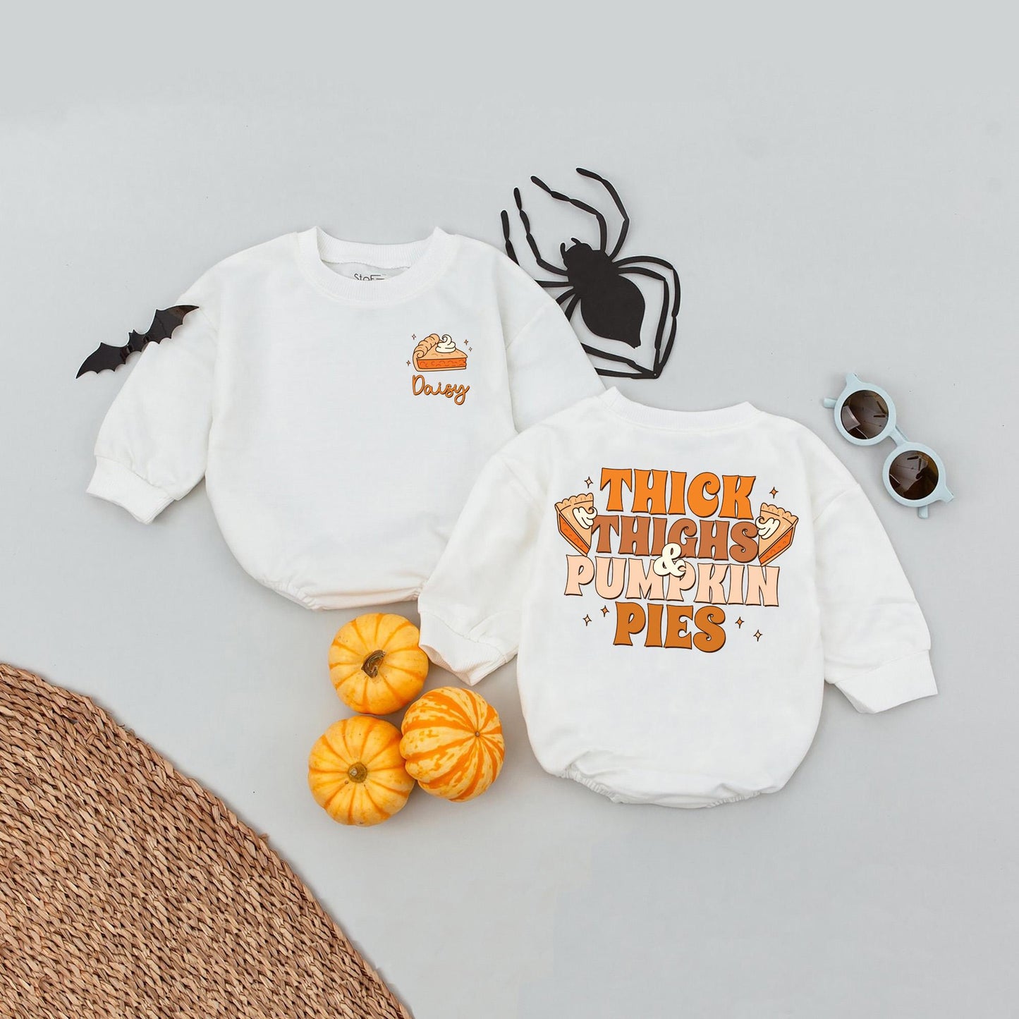 Custom Name Thick Thighs Pumpkin Pies Baby Romper, First Thanksgiving Outfit for Baby Girl, Newborn Fall Clothes, Cute Turkey Design