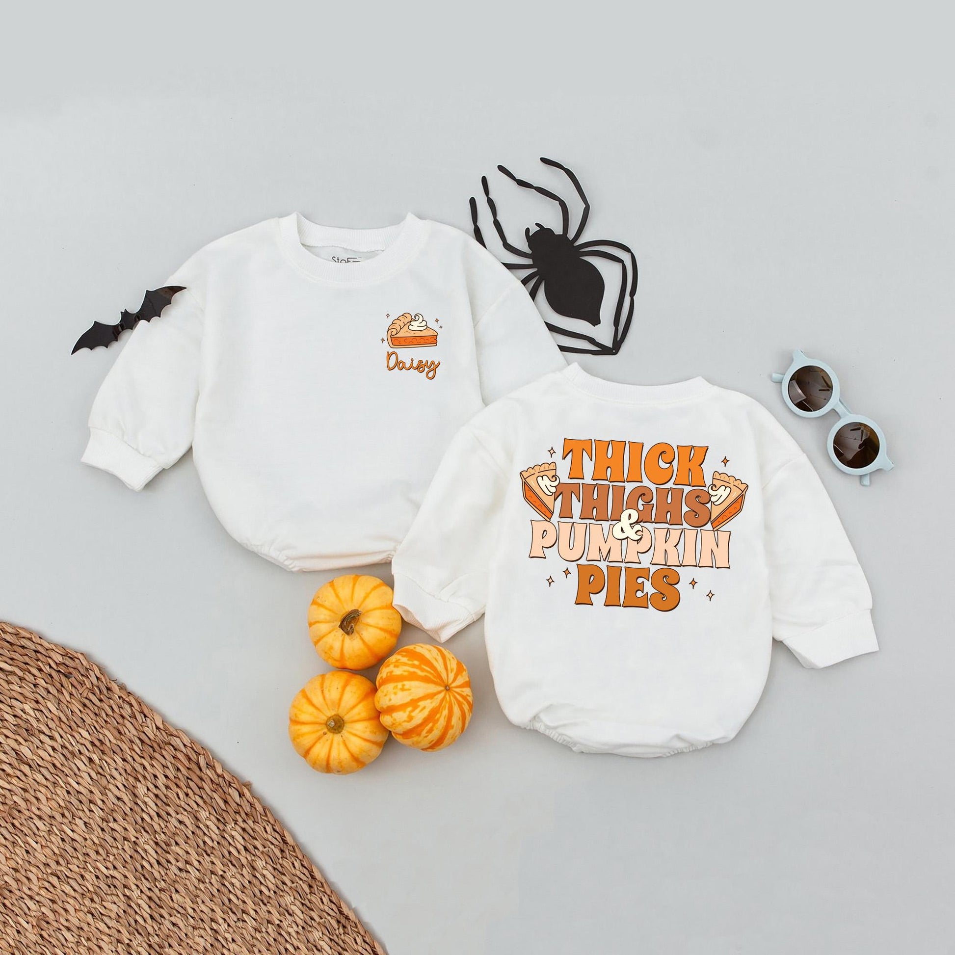 Custom Name Thick Thighs Pumpkin Pies Baby Romper, First Thanksgiving Outfit for Baby Girl, Newborn Fall Clothes, Cute Turkey Design