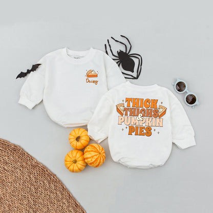 Custom Name Thick Thighs Pumpkin Pies Baby Romper, First Thanksgiving Outfit for Baby Girl, Newborn Fall Clothes, Cute Turkey Design