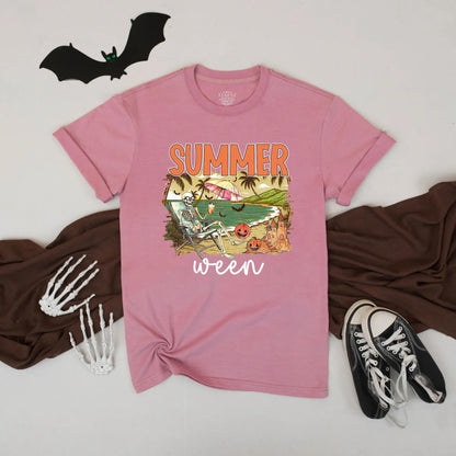 Summerween Pumpkin Sunset Shirt Funny Spooky Vacation Beach Tee Unisex Fall Top Vibes