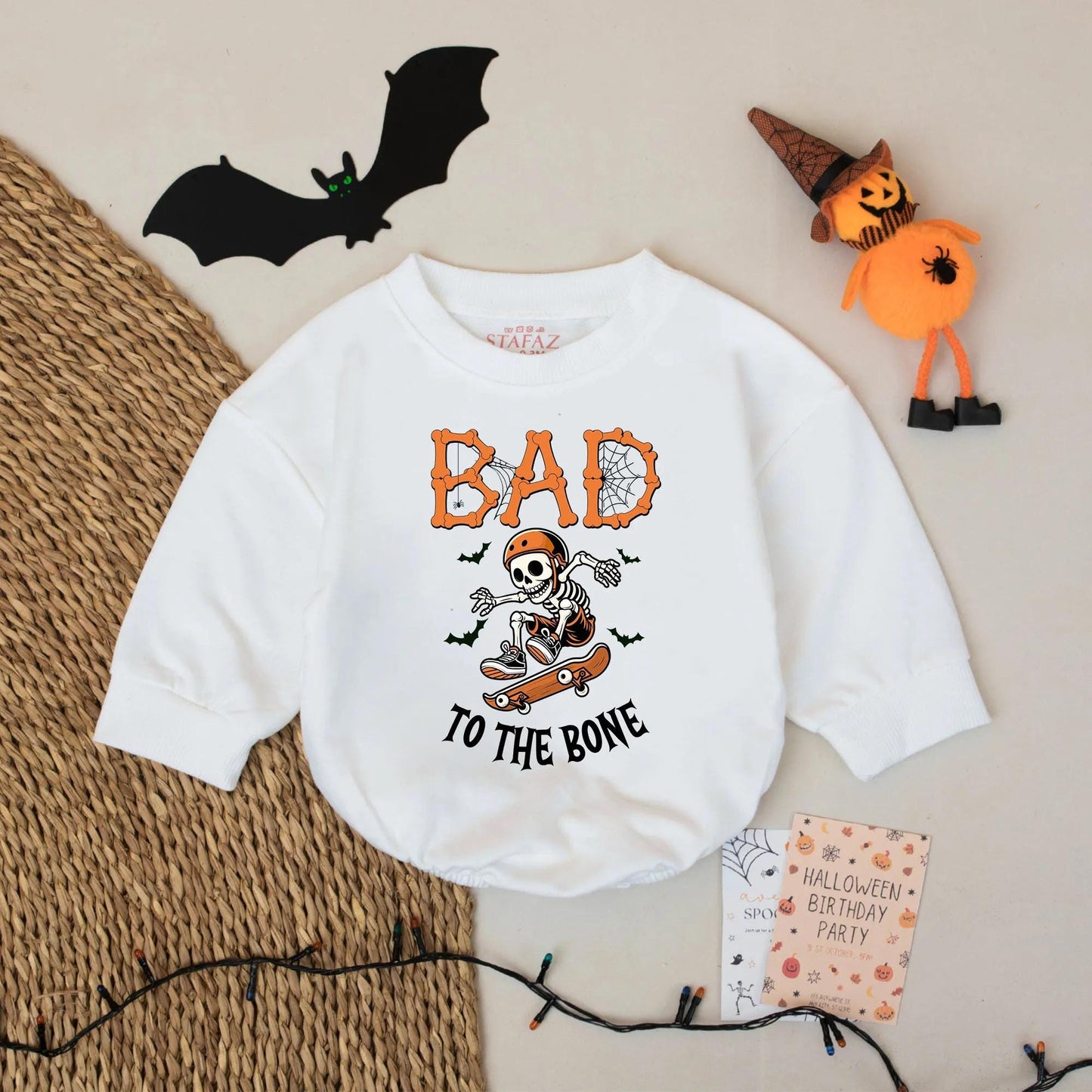 Spooky Skater Skeleton Baby Romper: Personalized Halloween Bodysuit for Cool Ghouls! Bad to the Bone Outfit, Custom Name, Trendy Infant Clothes 139