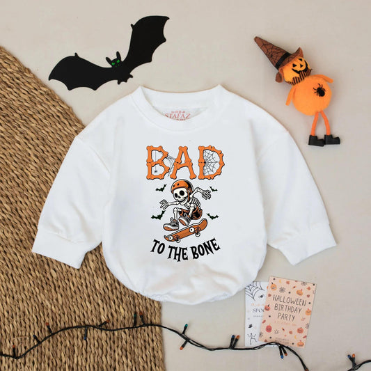 Spooky Skater Skeleton Baby Romper: Personalized Halloween Bodysuit for Cool Ghouls! Bad to the Bone Outfit, Custom Name, Trendy Infant Clothes 139