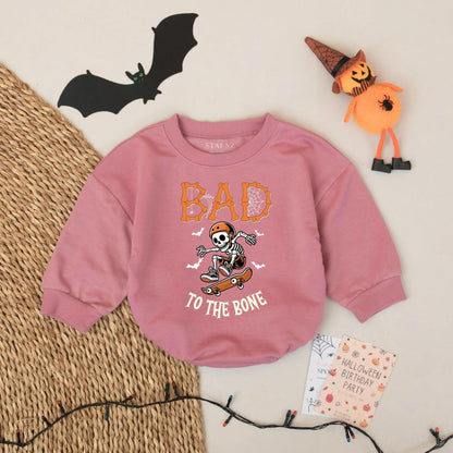 Spooky Skater Skeleton Baby Romper: Personalized Halloween Bodysuit for Cool Ghouls! Bad to the Bone Outfit, Custom Name, Trendy Infant Clothes 139