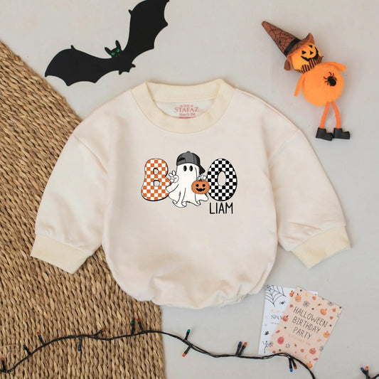 Boo Ghost Bubble Romper Personalized Liam Halloween Outfit Custom Name Fall Baby Bodysuit