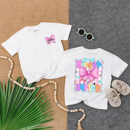 Personalized Pink Bow School Shirt for Girls Custom Name Toddler Tee Kindergarten First Day PreK