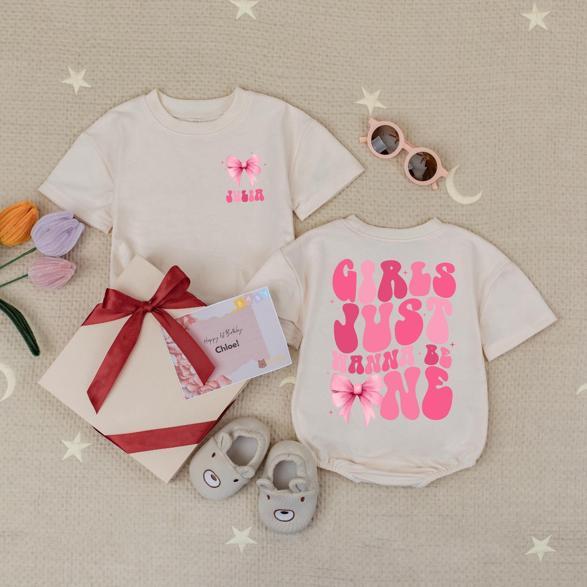 Custom Name Girls Just Wanna Be One Baby Romper Pink Bow First Birthday Party Bubble Outfit
