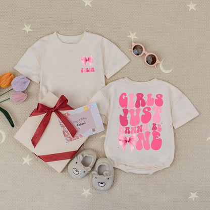 Custom Name Girls Just Wanna Be One Baby Romper Pink Bow First Birthday Party Bubble Outfit