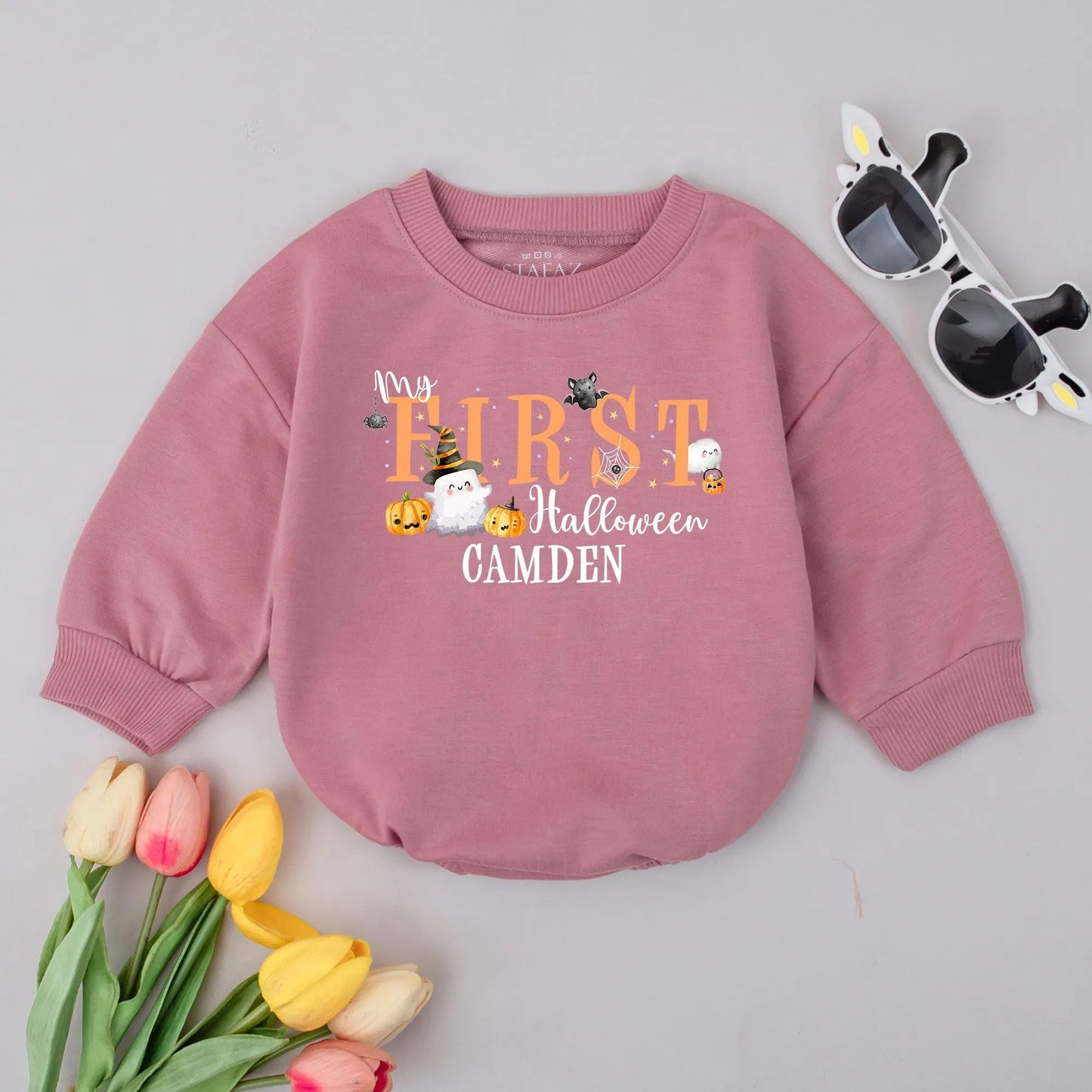 My First Halloween Personalized Baby Romper Custom Name Baby Boy Girl Fall Clothes Spooky Ghost Outfit First Halloween Gift