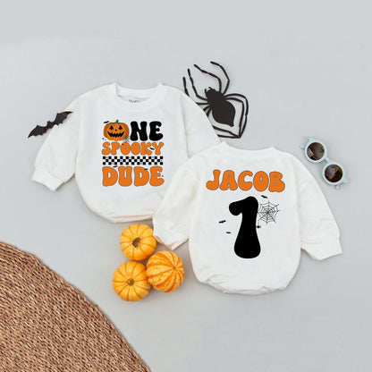 Custom Name Age 1 One Spooky Dude Baby Romper with Jack-o'-Lantern Retro Halloween Design and Checkerboard Detail, Perfect First Birthday Bodysuit Gift