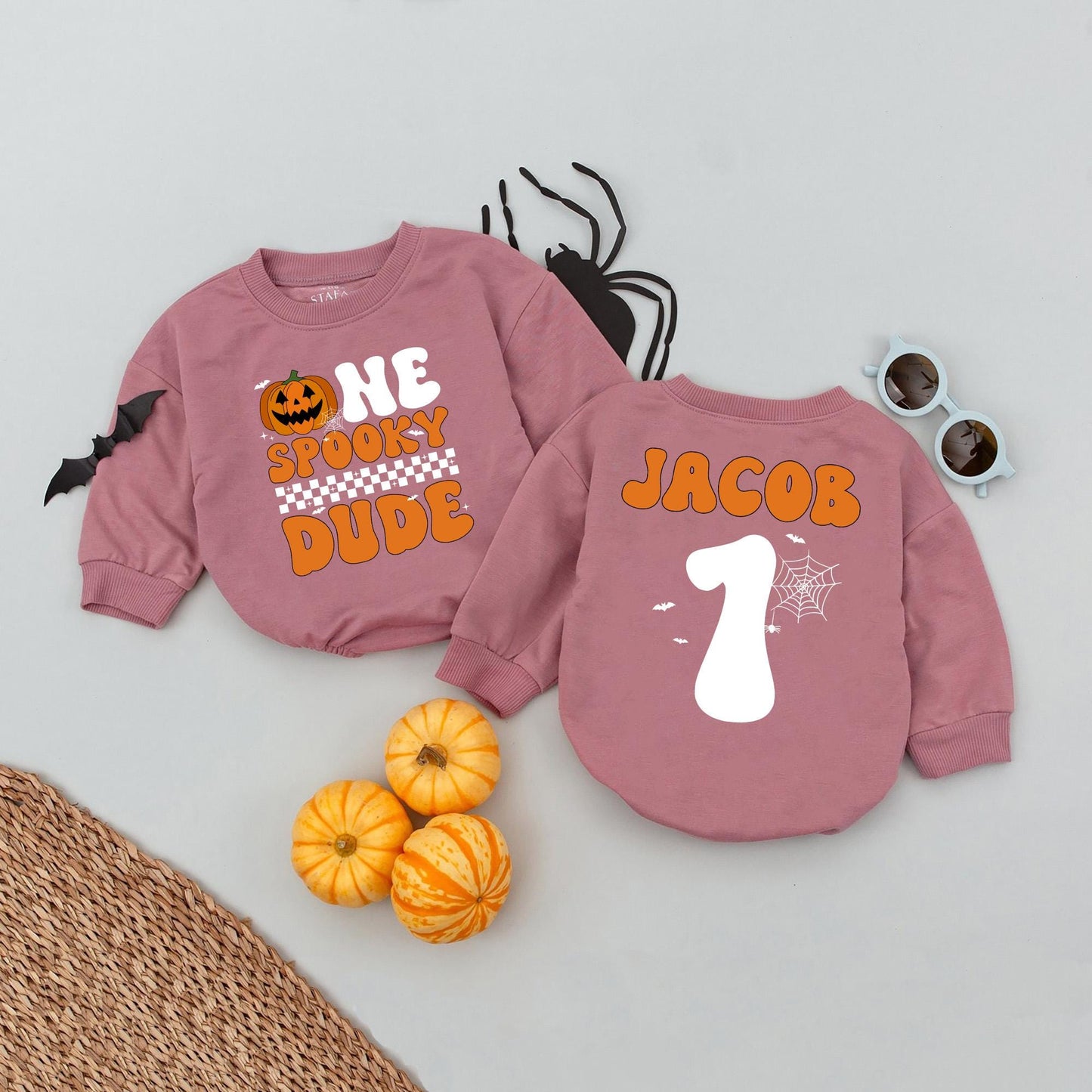 Custom Name Age 1 One Spooky Dude Baby Romper with Jack-o'-Lantern Retro Halloween Design and Checkerboard Detail, Perfect First Birthday Bodysuit Gift