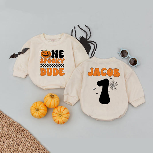 Custom Name Age 1 One Spooky Dude Baby Romper with Jack-o'-Lantern Retro Halloween Design and Checkerboard Detail, Perfect First Birthday Bodysuit Gift