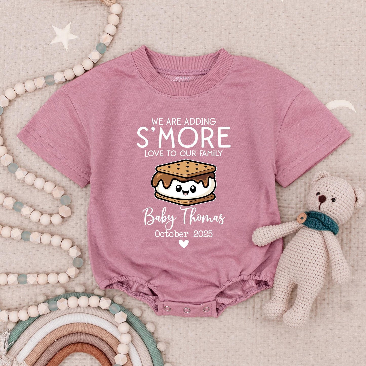 S'more Love Pregnancy Reveal Romper Personalized Baby Thomas October 2025 Babysuit, Adding to Our Family Cute Sibling Announcement Outfit, Girl or Boy (140)