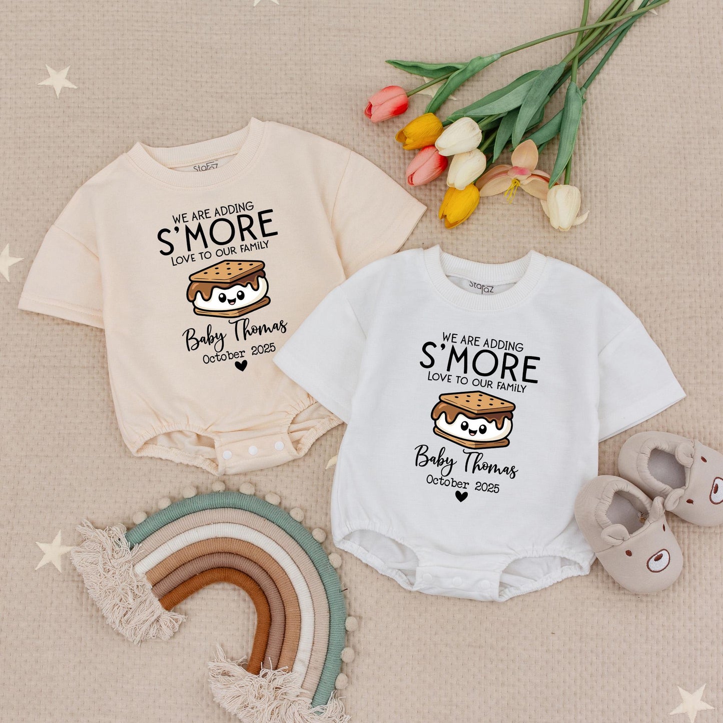 S'more Love Pregnancy Reveal Romper Personalized Baby Thomas October 2025 Babysuit, Adding to Our Family Cute Sibling Announcement Outfit, Girl or Boy (140)