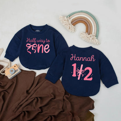 Custom Name Half Way to One Baby Romper, 6 Month Girl Birthday Outfit, Personalized Bodysuit Gift, Half Birthday Baby Shower