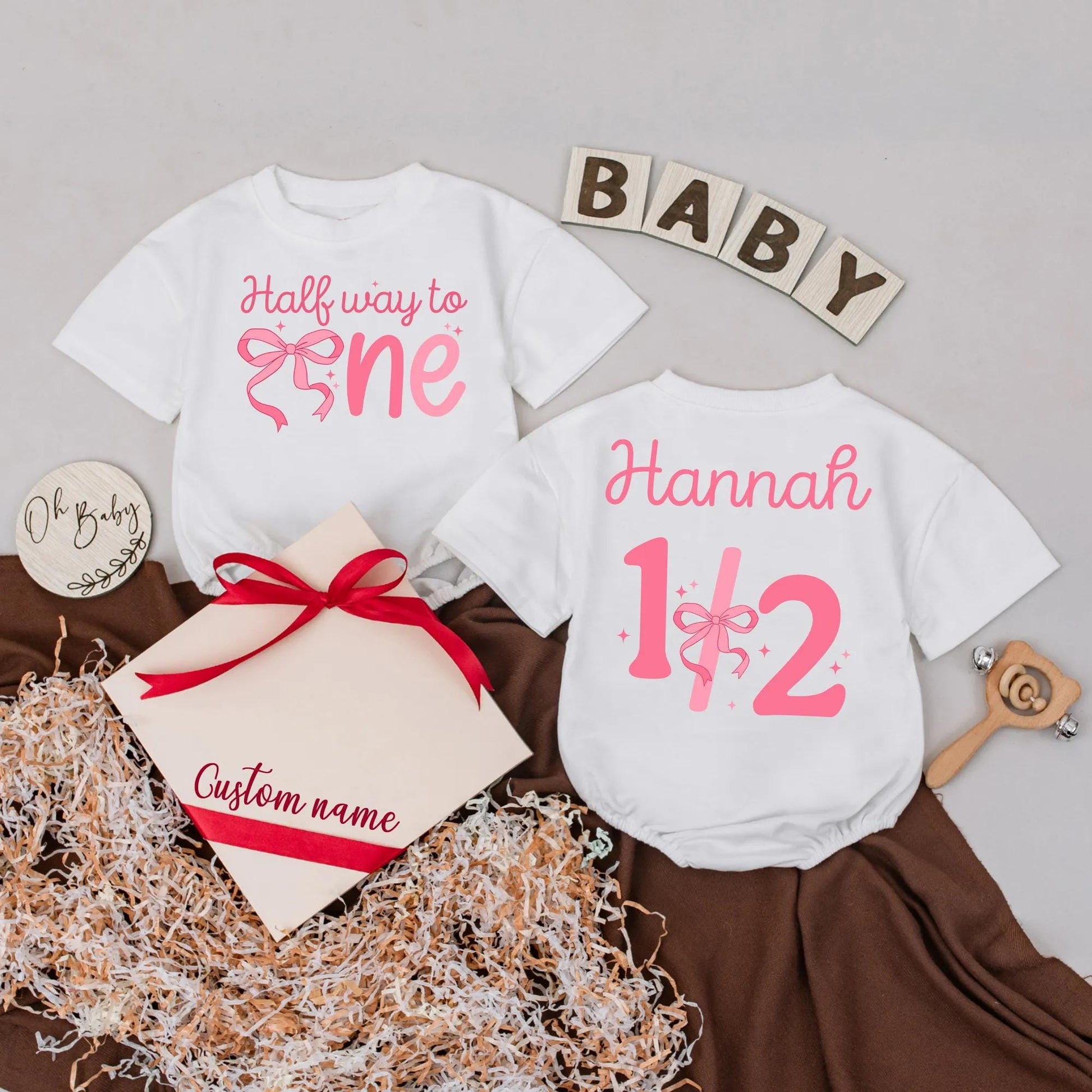 Custom Name Half Way to One Baby Romper, 6 Month Girl Birthday Outfit, Personalized Bodysuit Gift, Half Birthday Baby Shower