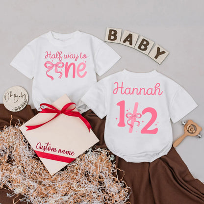 Custom Name Half Way to One Baby Romper, 6 Month Girl Birthday Outfit, Personalized Bodysuit Gift, Half Birthday Baby Shower