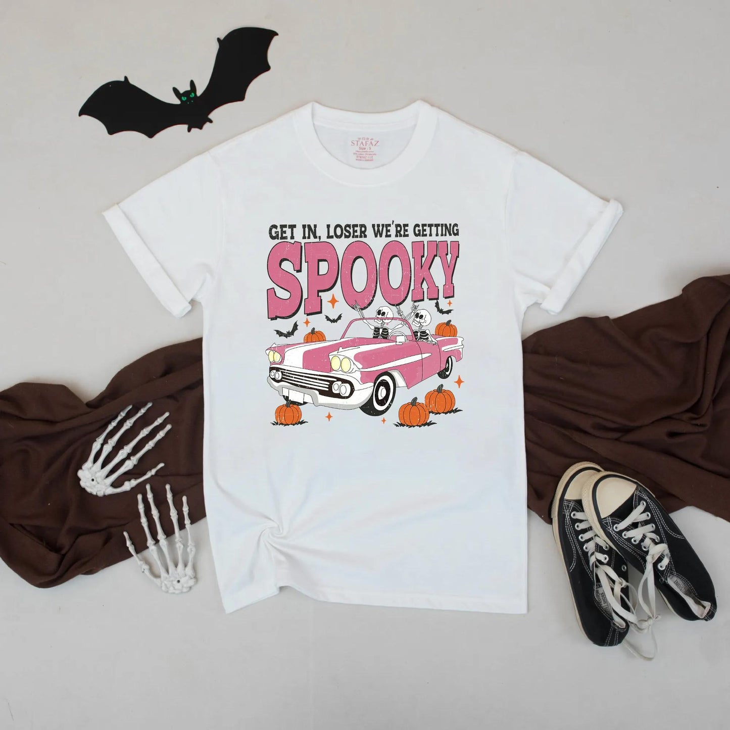 Get In, Loser We're Getting Spooky Pink Retro Halloween Car Shirt, Spooky Couple Tee, Fall Party Outfit
