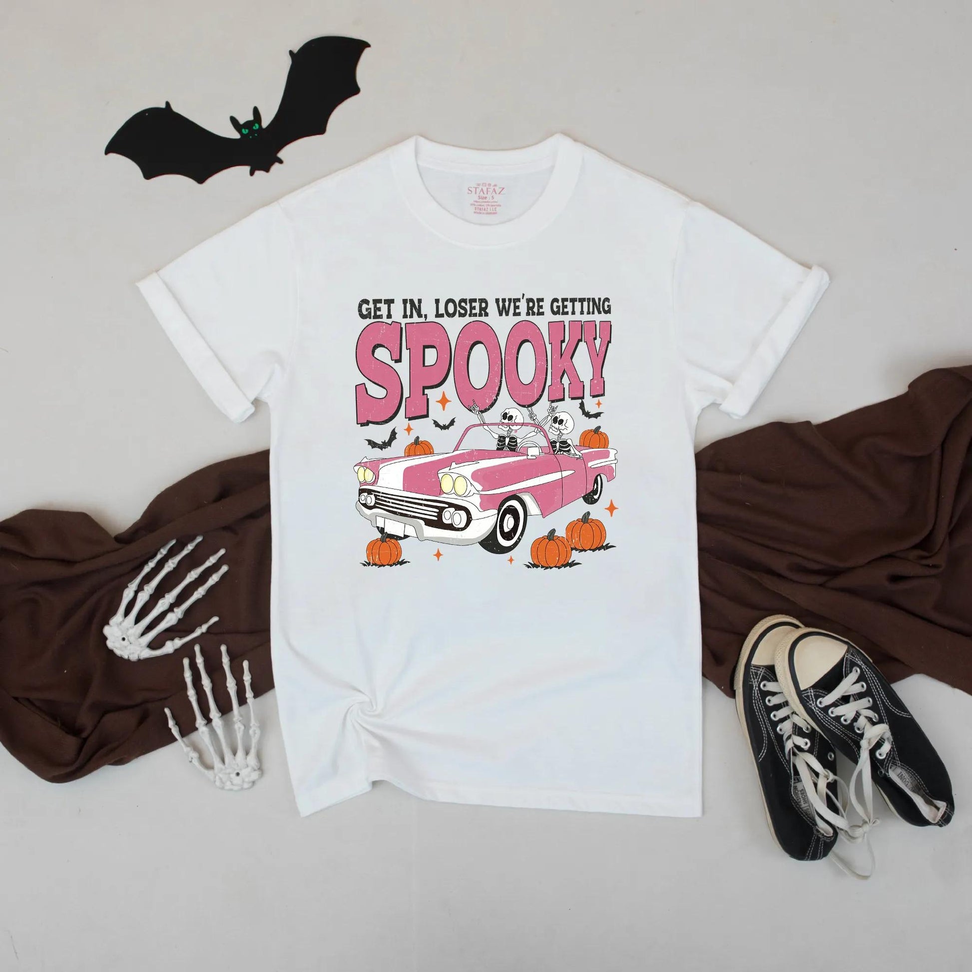 Get In, Loser We're Getting Spooky Pink Retro Halloween Car Shirt, Spooky Couple Tee, Fall Party Outfit