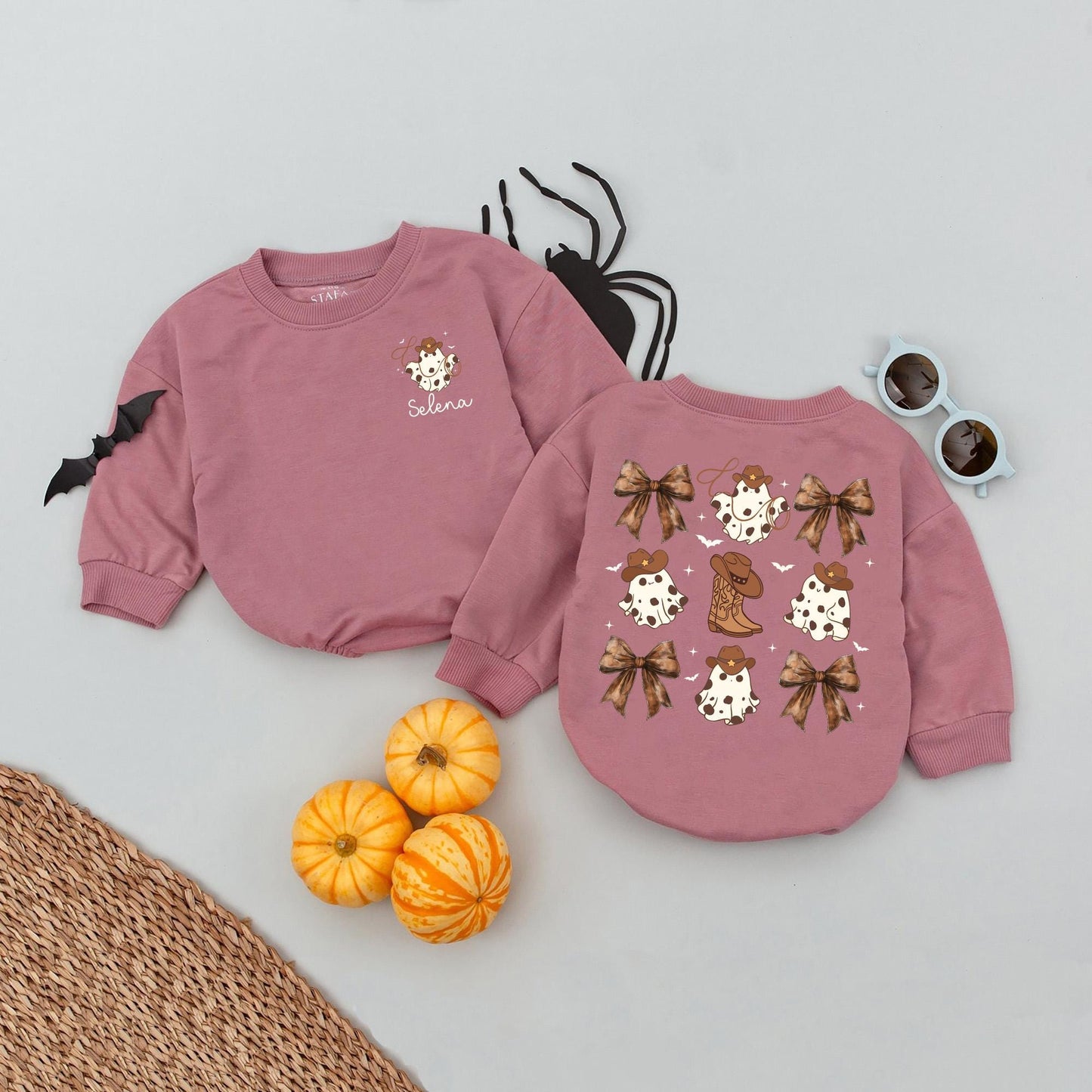 Custom Cowboy Ghost Romper Halloween Baby Outfit Bow Spooky Western Baby Gift First Halloween Personalized