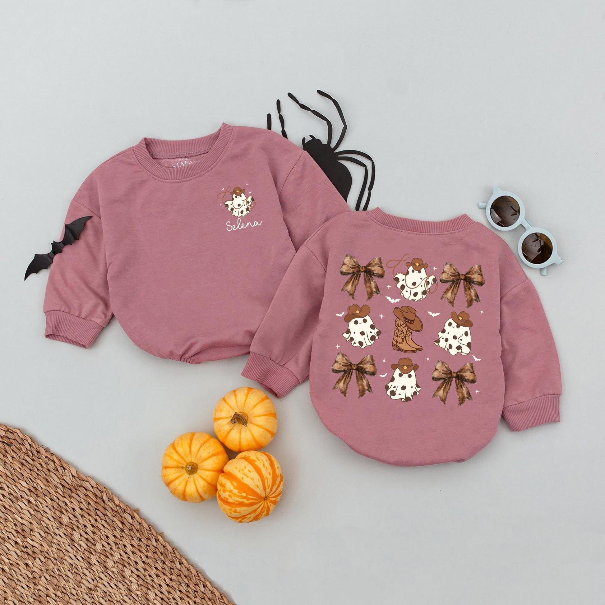 Custom Cowboy Ghost Romper Halloween Baby Outfit Bow Spooky Western Baby Gift First Halloween Personalized