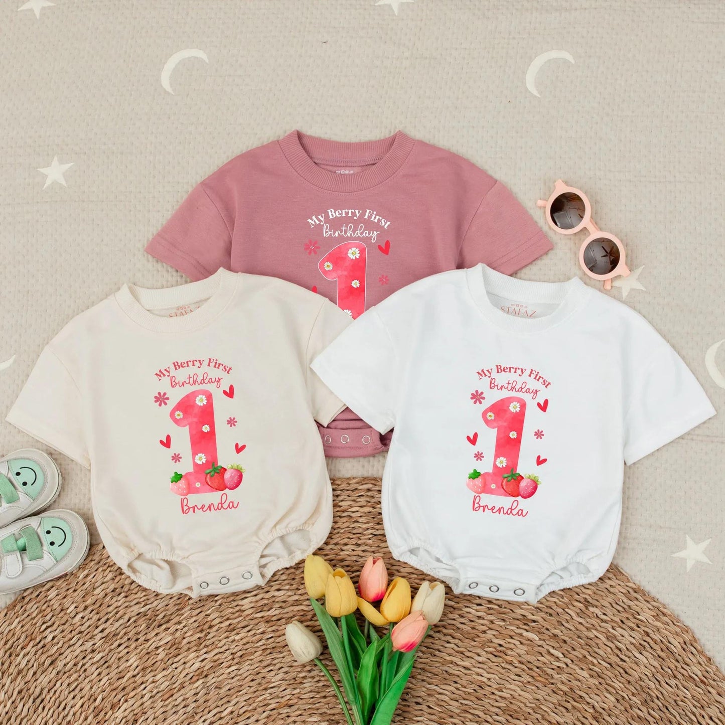 Personalized My Berry First Birthday Baby Girl Romper Strawberry Daisy Watercolor Hearts Custom Name 1st Birthday Outfit Gift