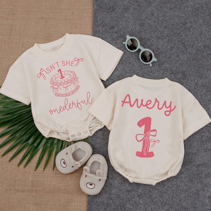 Isn't She Onederful Birthday Cake Girl Romper - 1st Birthday Outfit for Baby Girl, Personalized Toddler Gift