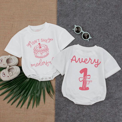 Isn't She Onederful Birthday Cake Girl Romper - 1st Birthday Outfit for Baby Girl, Personalized Toddler Gift