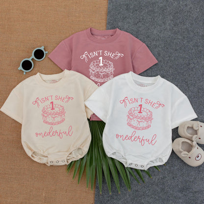 Isn't She Onederful Birthday Cake Girl Romper - 1st Birthday Outfit for Baby Girl, Personalized Toddler Gift