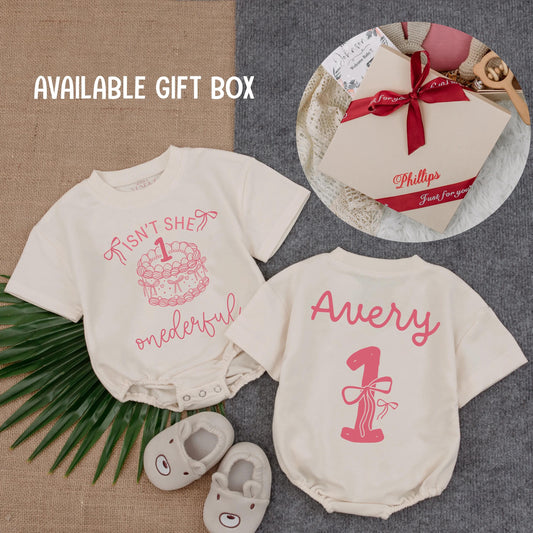 Isn't She Onederful Birthday Cake Girl Romper - 1st Birthday Outfit for Baby Girl, Personalized Toddler Gift