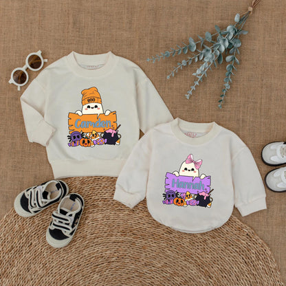Personalized Boo Halloween Matching Shirts for Kids, Custom Name Ghost Sweatshirt, Cute Toddler Outfit, Boy Girl Gift