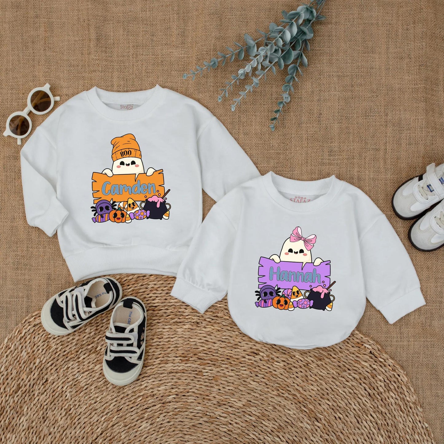 Personalized Boo Halloween Matching Shirts for Kids, Custom Name Ghost Sweatshirt, Cute Toddler Outfit, Boy Girl Gift