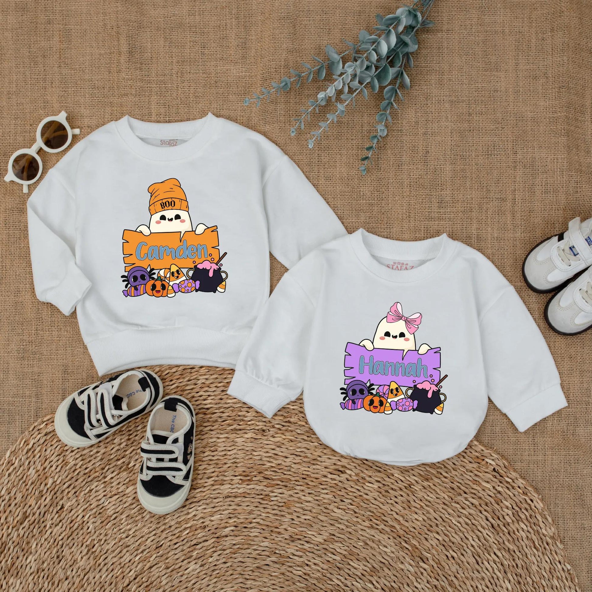 Personalized Boo Halloween Matching Shirts for Kids, Custom Name Ghost Sweatshirt, Cute Toddler Outfit, Boy Girl Gift