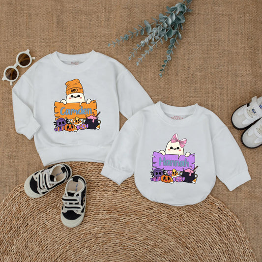 Personalized Boo Halloween Matching Shirts for Kids, Custom Name Ghost Sweatshirt, Cute Toddler Outfit, Boy Girl Gift