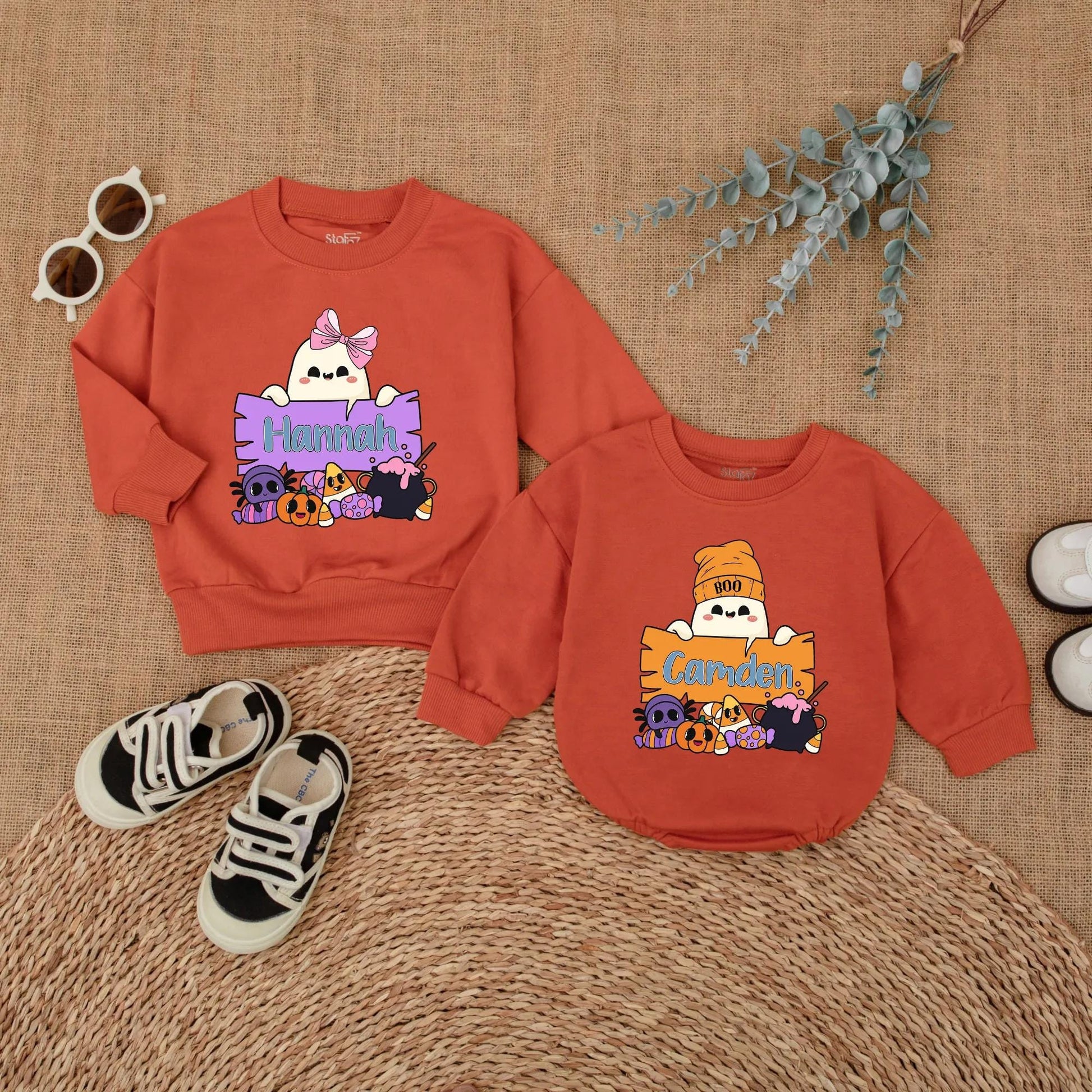 Personalized Boo Halloween Matching Shirts for Kids, Custom Name Ghost Sweatshirt, Cute Toddler Outfit, Boy Girl Gift
