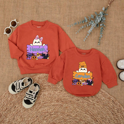 Personalized Boo Halloween Matching Shirts for Kids, Custom Name Ghost Sweatshirt, Cute Toddler Outfit, Boy Girl Gift