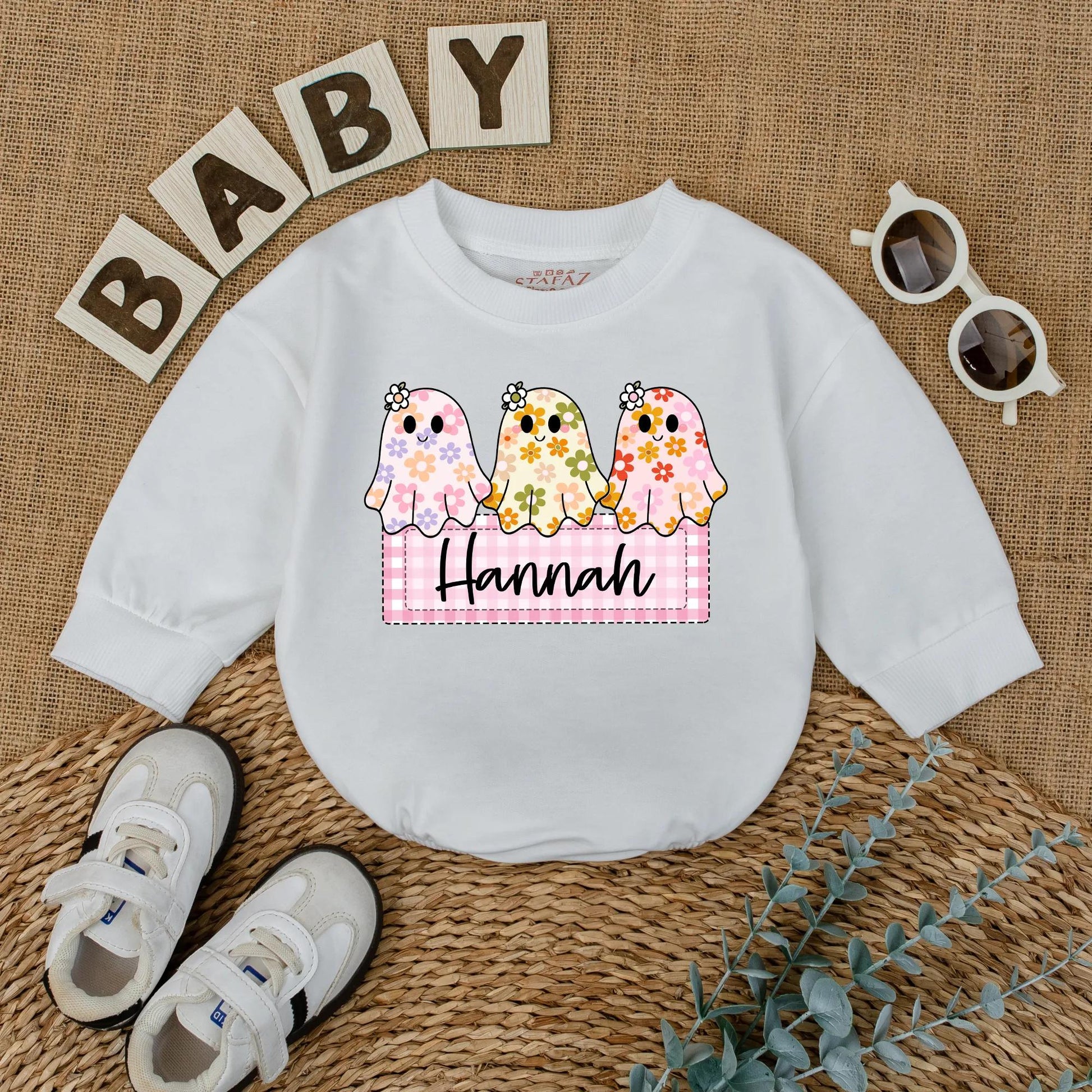 Personalized Baby Girl Halloween Ghost Romper Custom Name Cute Floral Boo Outfit Fall Bodysuit First Halloween Baby Gift